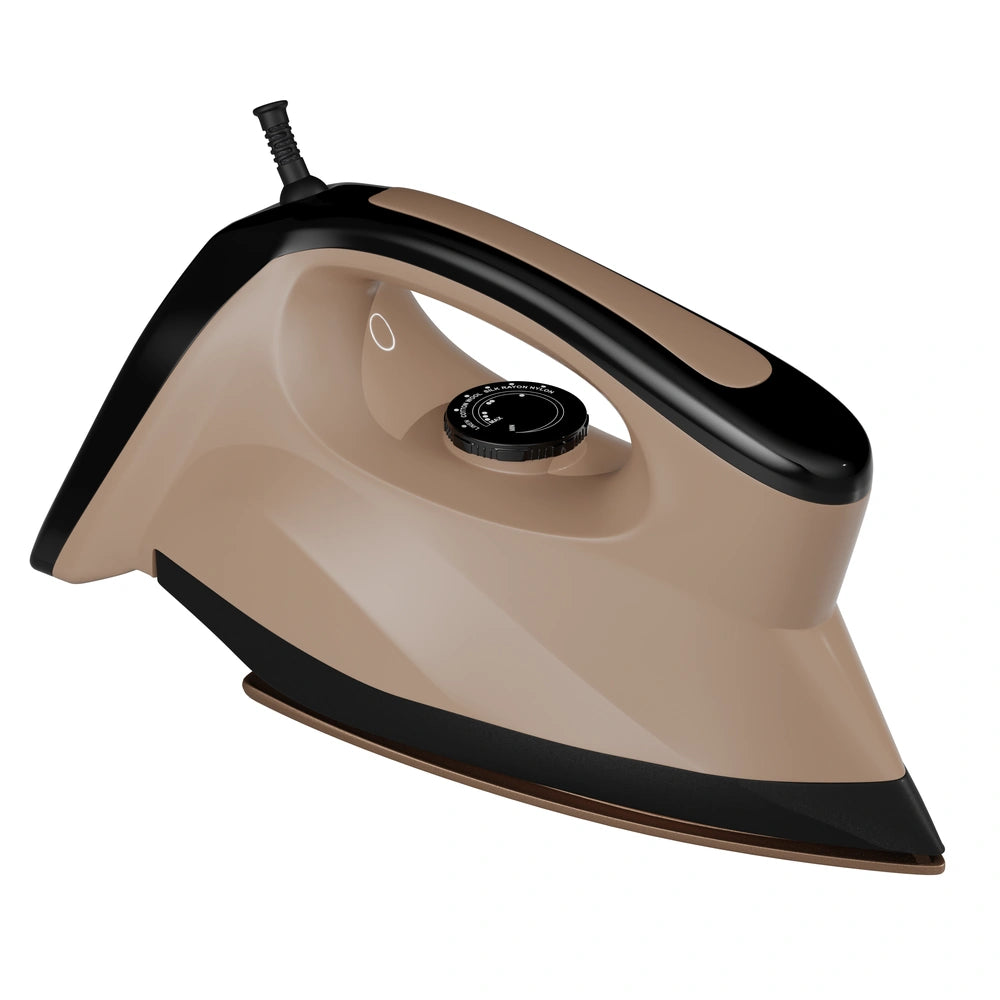 Heavy Duty Dry Iron 1000W – Golden Soleplate with Adjustable Thermostat Dial for All Fabrics (Beige & Black)