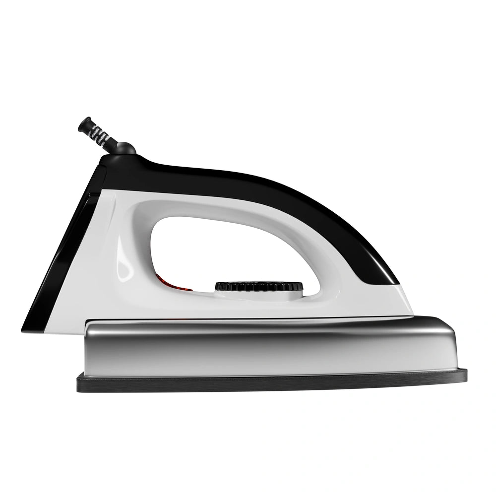 Dry Iron 1000W with Chrome Soleplate – Indicator Light & Adjustable Multi-Fabric Thermostat Control (Black & White)