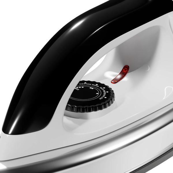 Dry Iron 1000W with Chrome Soleplate – Indicator Light & Adjustable Multi-Fabric Thermostat Control (Black & White)