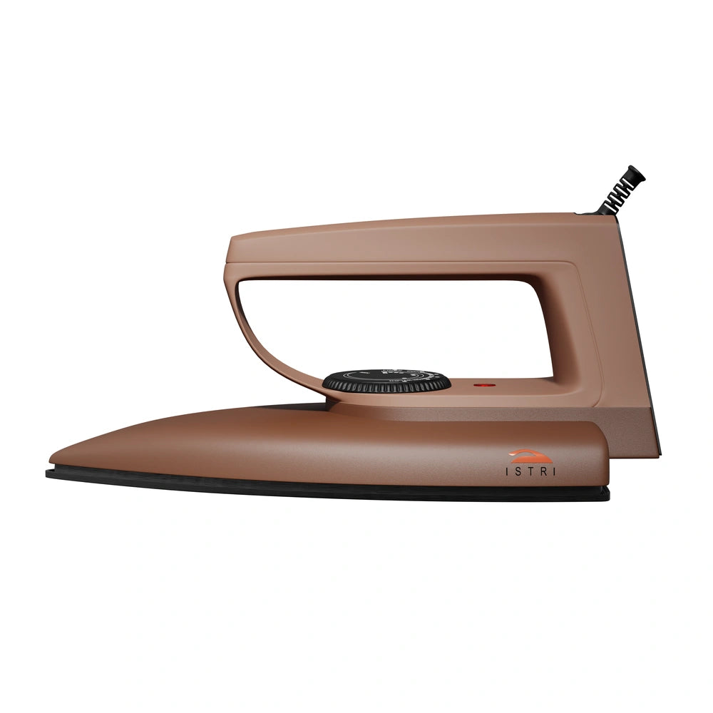 ISTRI Mini Dry Iron for Clothes, 750W Compact & Lightweight Electric Iron Box with Non-Stick Soleplate, Adjustable Dial, Brown