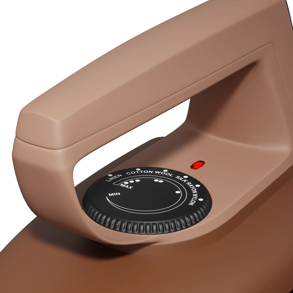 ISTRI Mini Dry Iron for Clothes, 750W Compact & Lightweight Electric Iron Box with Non-Stick Soleplate, Adjustable Dial, Brown