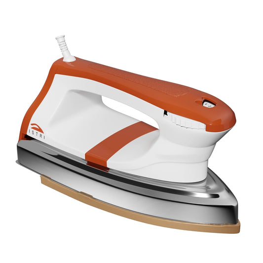 ISTRI Classic Heavy Weight Dry Iron for Clothes, 1200W Electric Iron Box with Chrome Soleplate, Open Handle & Fabric Dial, Orange White