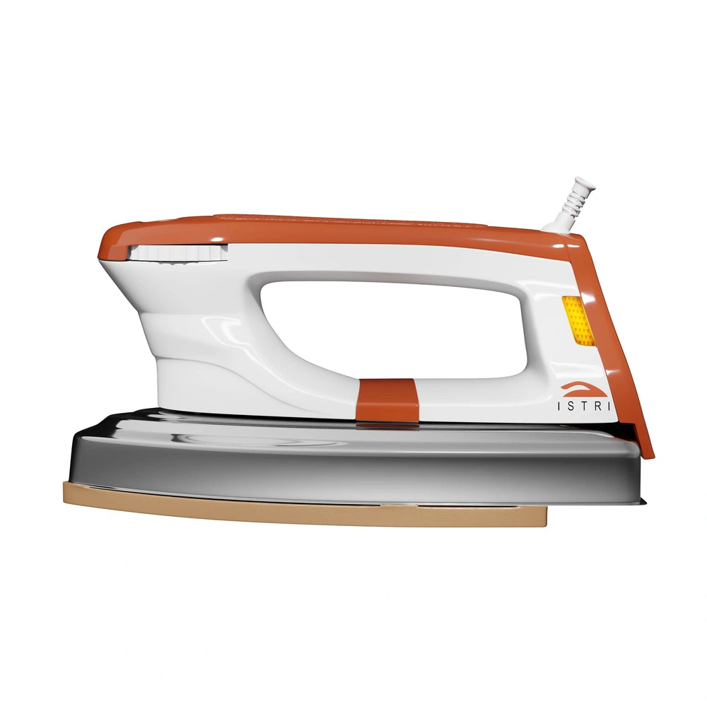 ISTRI Classic Heavy Weight Dry Iron for Clothes, 1200W Electric Iron Box with Chrome Soleplate, Open Handle & Fabric Dial, Orange White
