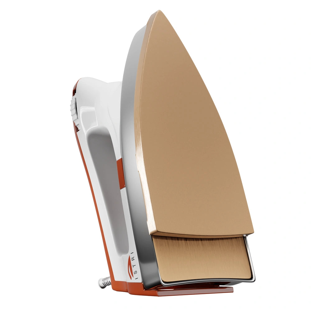 ISTRI Classic Heavy Weight Dry Iron for Clothes, 1200W Electric Iron Box with Chrome Soleplate, Open Handle & Fabric Dial, Orange White