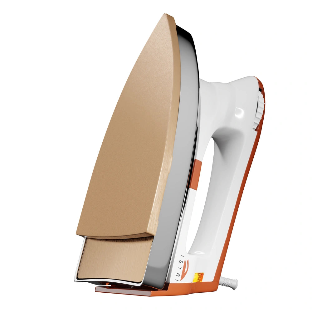 ISTRI Classic Heavy Weight Dry Iron for Clothes, 1200W Electric Iron Box with Chrome Soleplate, Open Handle & Fabric Dial, Orange White