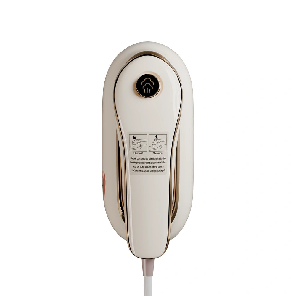 Handheld Garment Steamer Brush with Gold Accent – Mini Travel Steam Iron for Clothes (Cream/White)